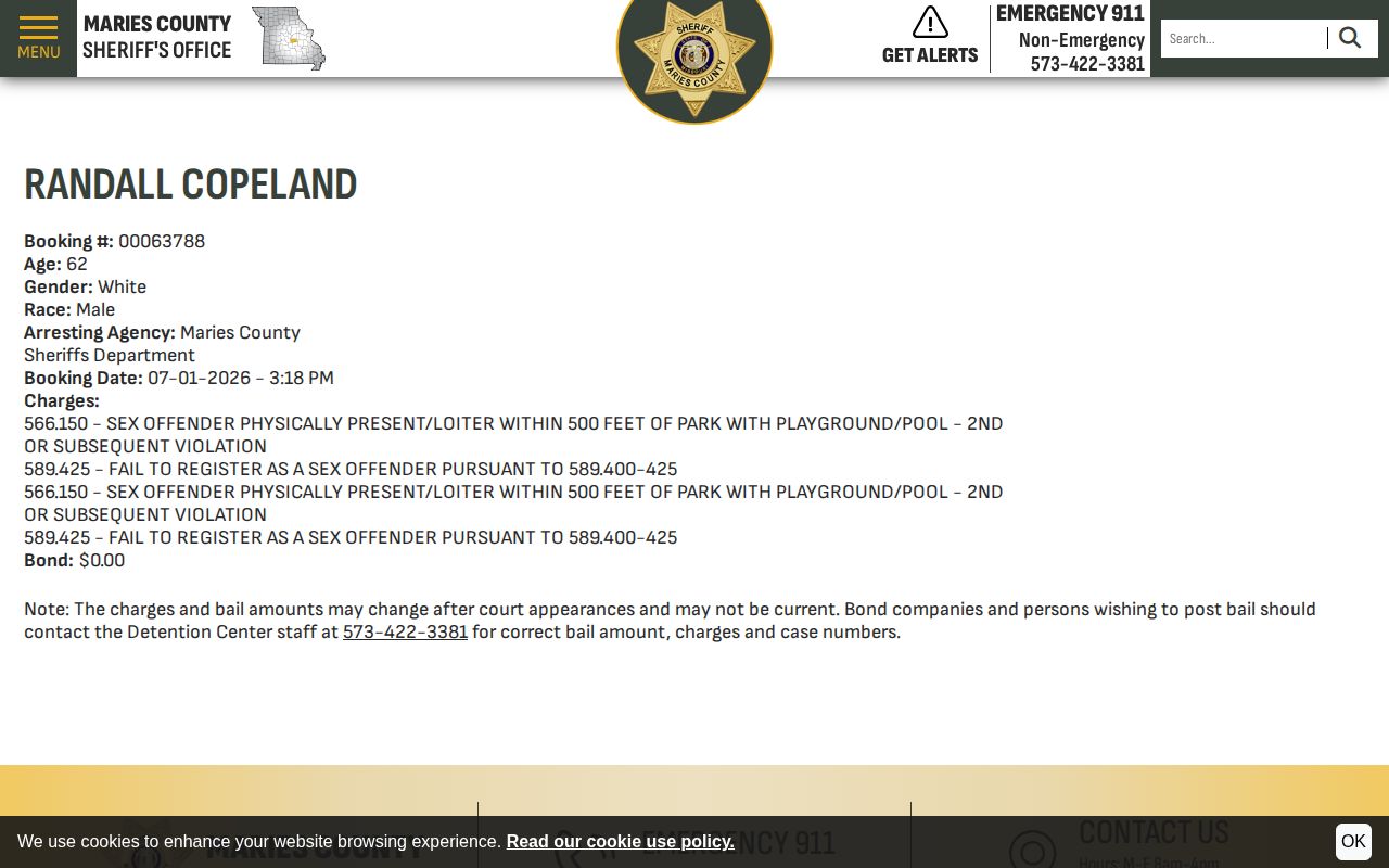 Maries County roster profile layout with booking number charges and photo location