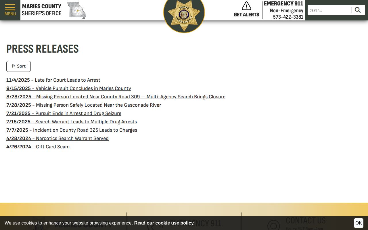 Maries County Sheriff selective date-sorted press releases