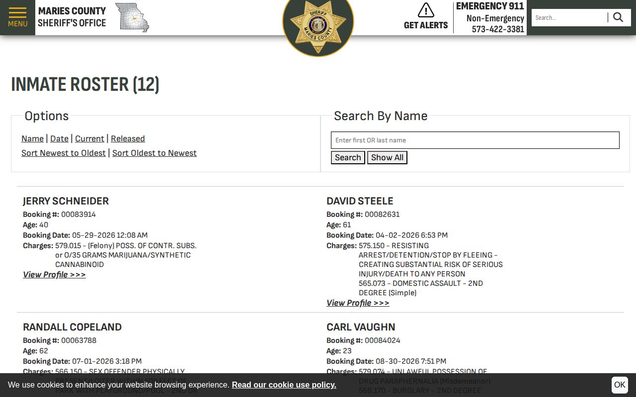 Maries County inmate roster name search and current released controls