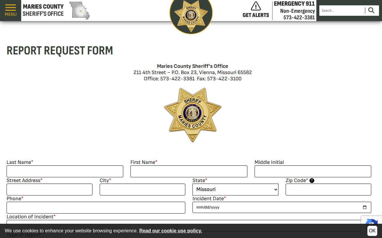Maries County arrest report request form fields