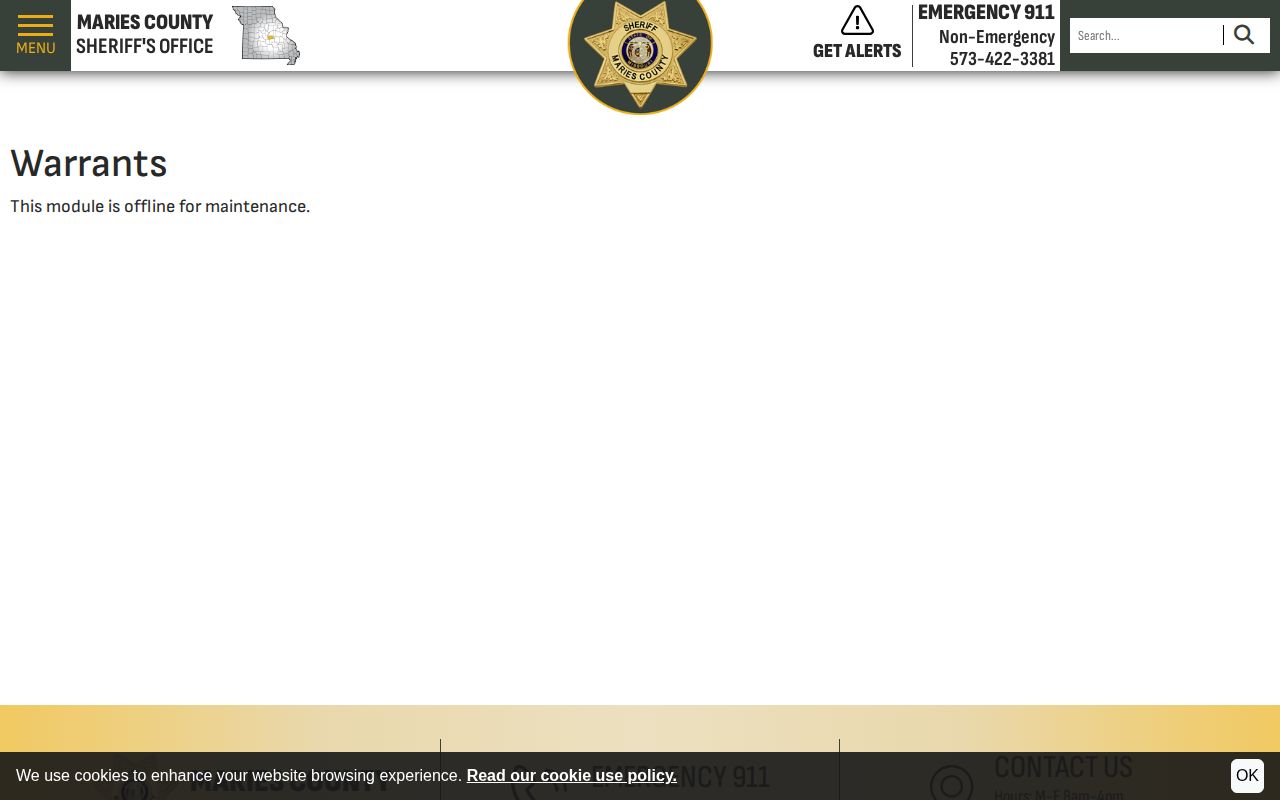 Maries County Sheriff warrants in maintenance notice