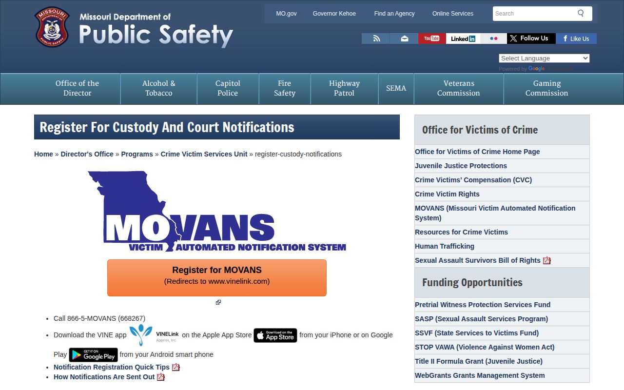 Maries County VINE arrest check official MOVANS registration route