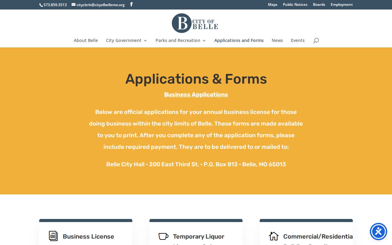 Belle applications page showing the police and motor-vehicle report request form