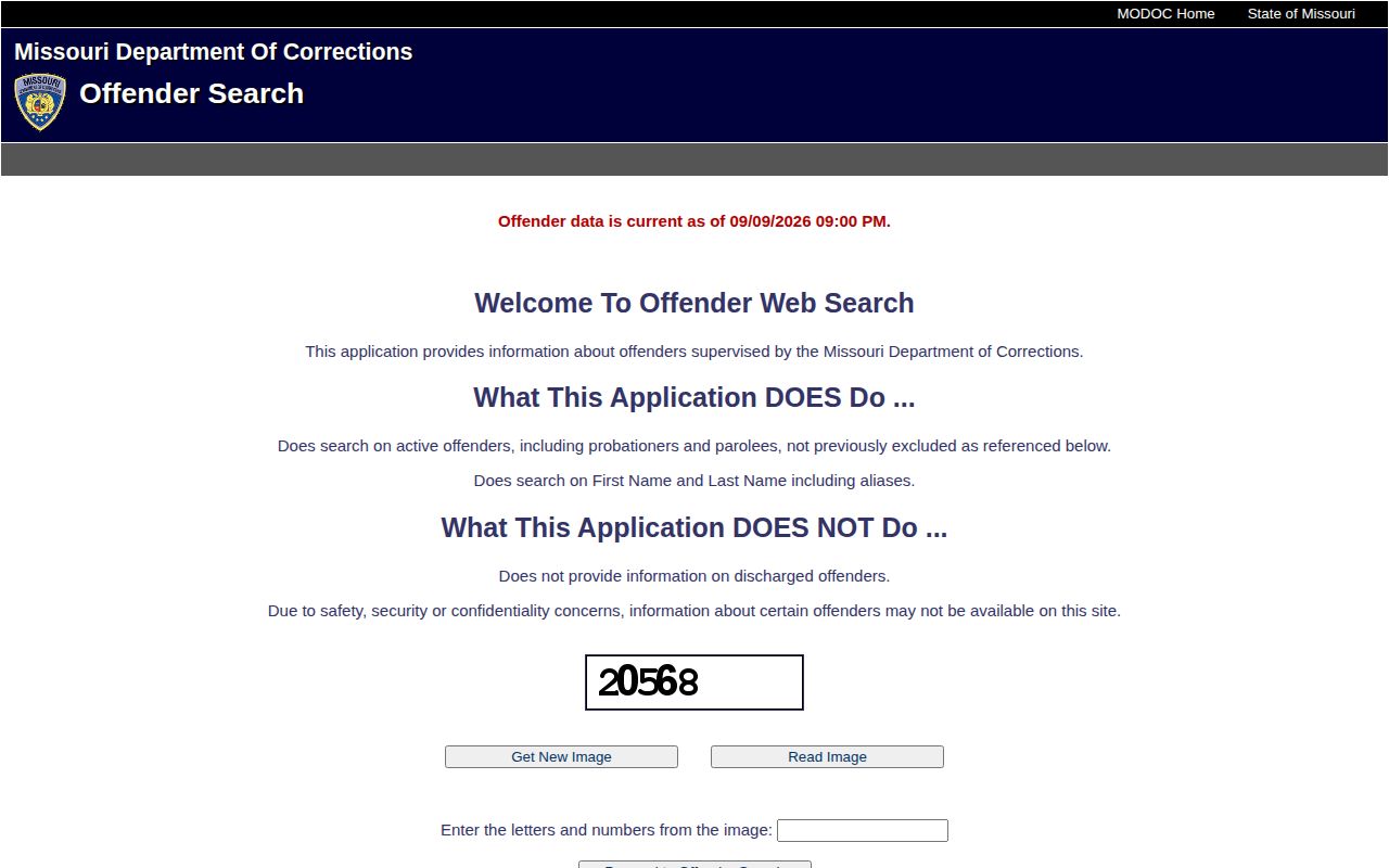 Missouri Department of Corrections offender search fields and disclaimer